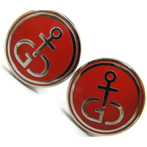 Vintage Gibdock Cufflinks European Ship Repair Company Silver Tone Red Enamel - Picture 1 of 14